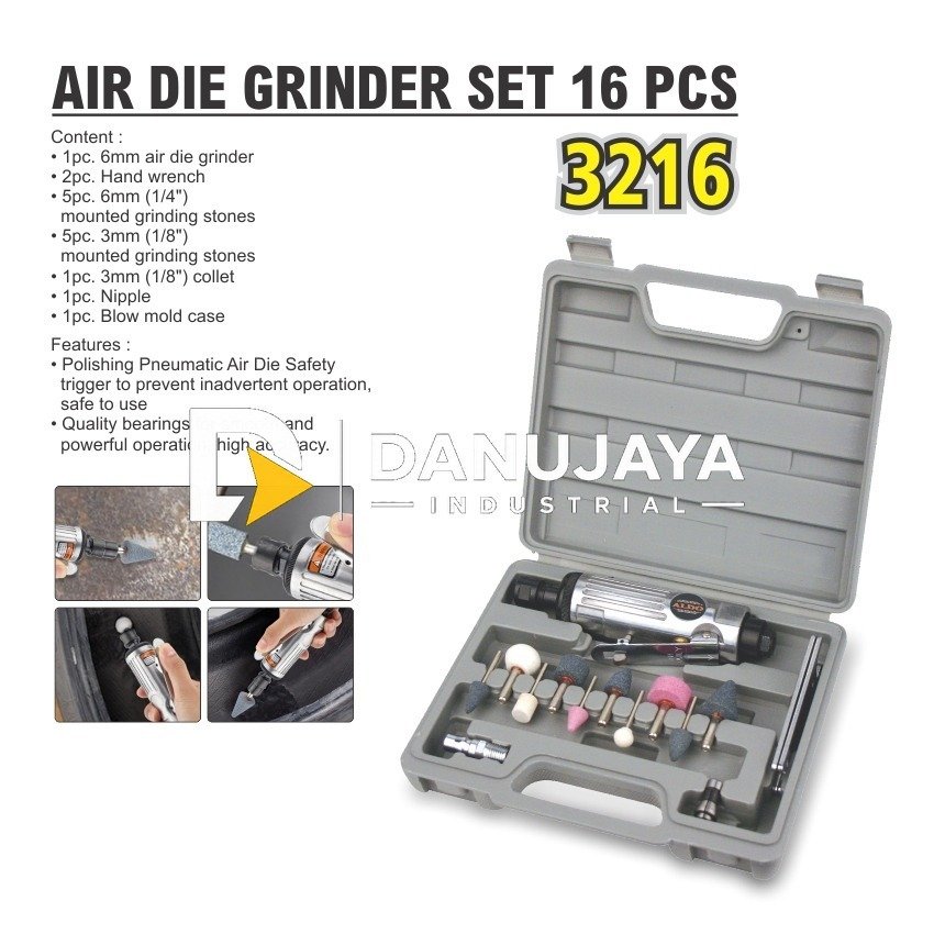 AIR DIE GRINDER SET 16 PCS 3216 / MESIN GRINDA PAKAI ANGIN / TUNER GURINDA POLES PAKAI ANGIN KOMPRESOR MERK ALDO