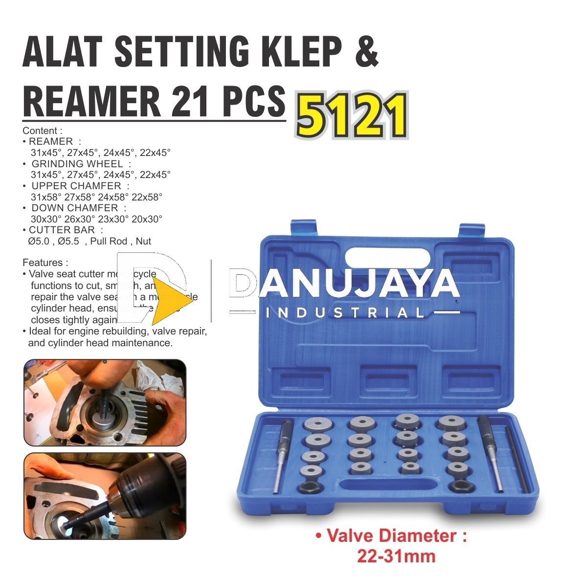 ALAT SETTING KLEP & REAMER 21 PCS 5121 / SETTING KLEP MOTOR / ALAT ATUR KLEP / VALVE SEAT CUTTER MOTORCYLE VALE REPAR SET 21 PCS MERK ALDO