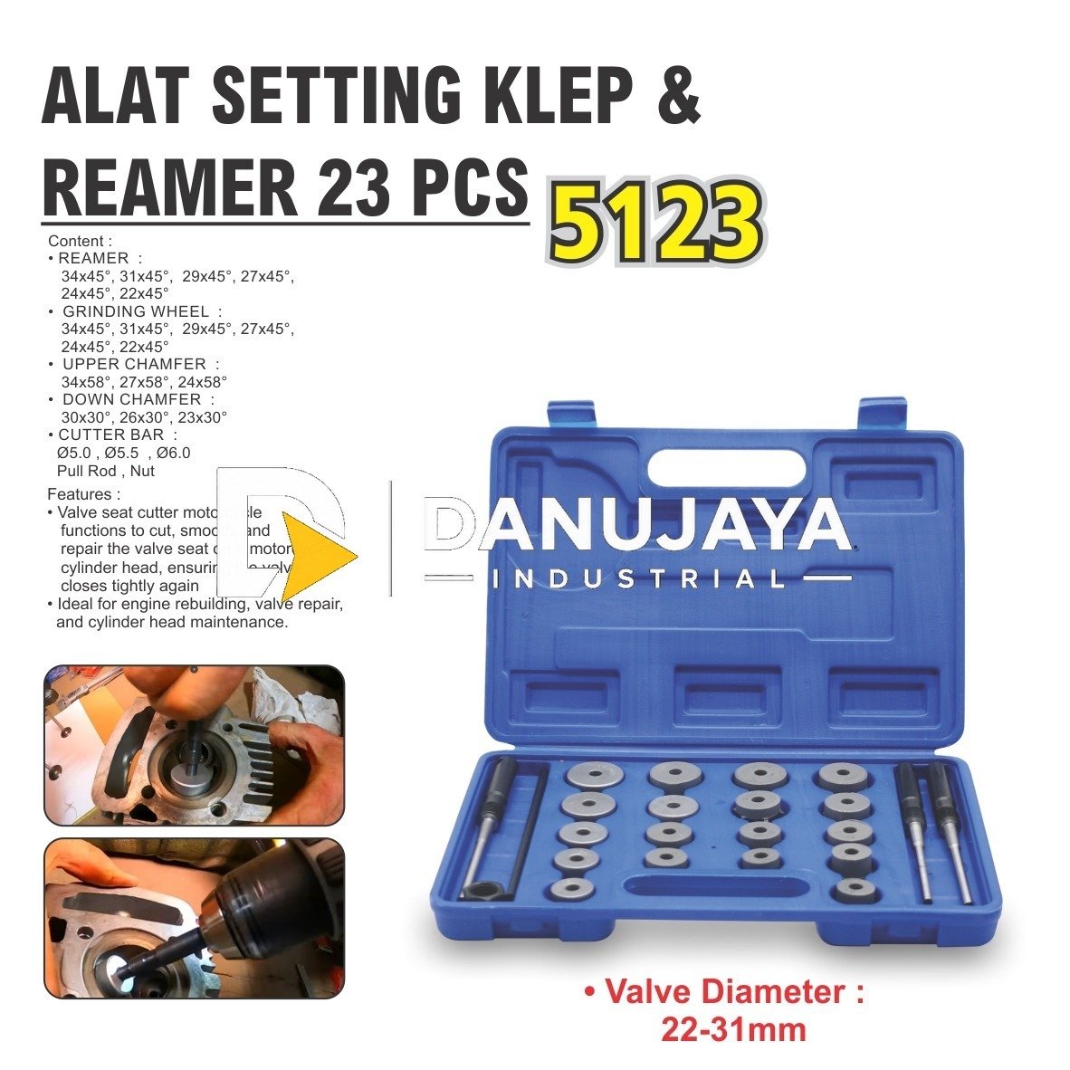 ALAT SETTING KLEP & REAMER 23 PCS 5123 / SETTING KLEP MOTOR / ALAT ATUR KLEP / VALVE SEAT CUTTER MOTORCYLE VALE REPAR SET 23 PCS MERK ALDO