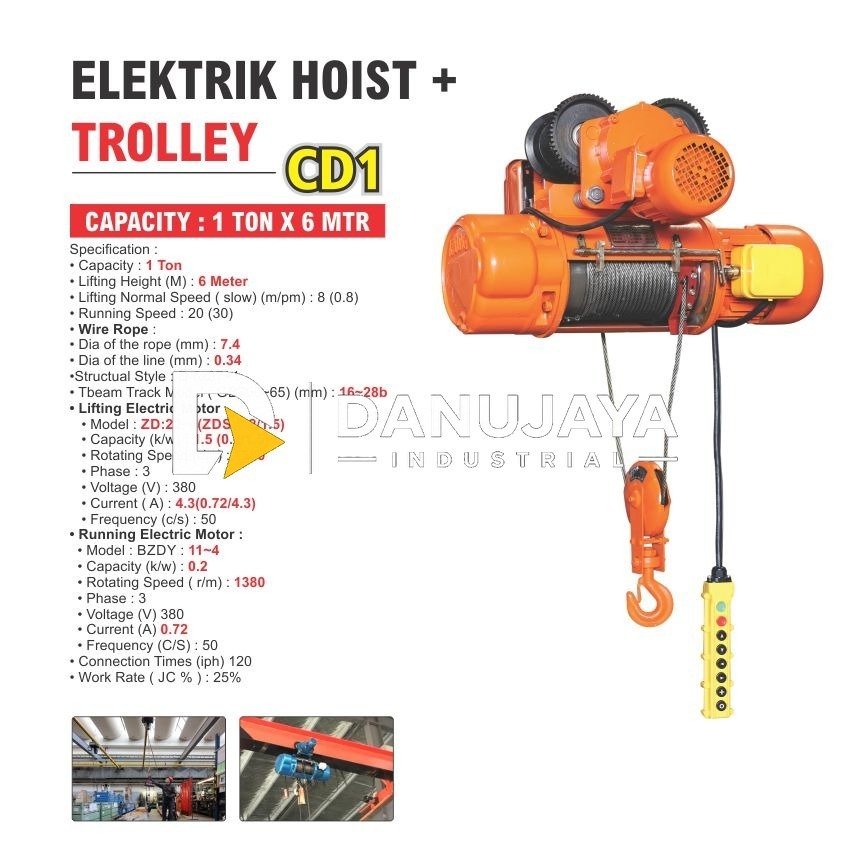 CHAIN HOIST / KATROL / TAKEL ELEKTRIK 1 TON X 12 MTR 1 PHASE