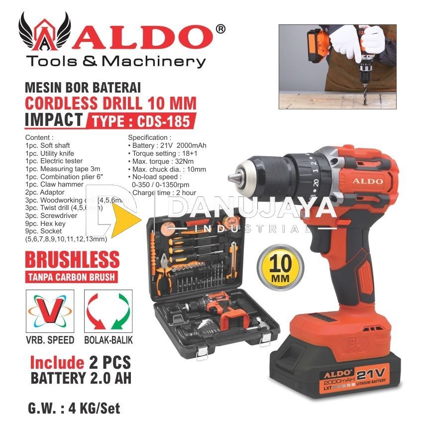 CORDLESS DRILL 10 MM IMPACT CDS-185 / MESIN BOR TANPA KABEL / MESIN BOR BATERAI MERK ALDO