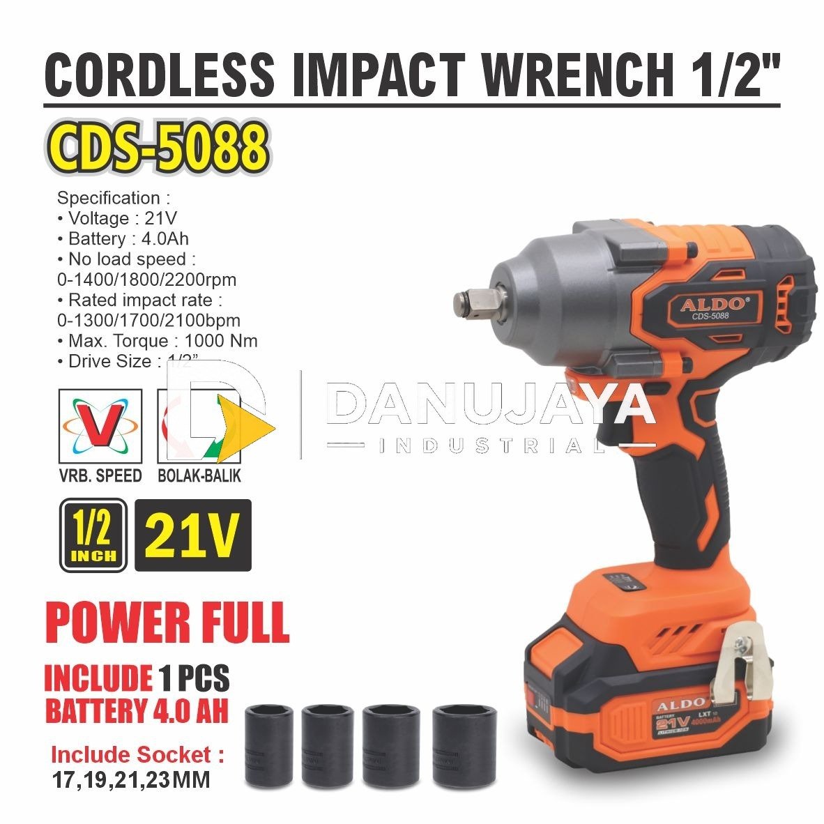CORDLESS IMPACT WRENCH CDS-5088 / MESIN PEMBUKA BAUT TANPA KABEL / MESIN CORDLESS PEMBUKA BAUT / MESIN PEMBUKA BAUT BATERAI MERK ALDO