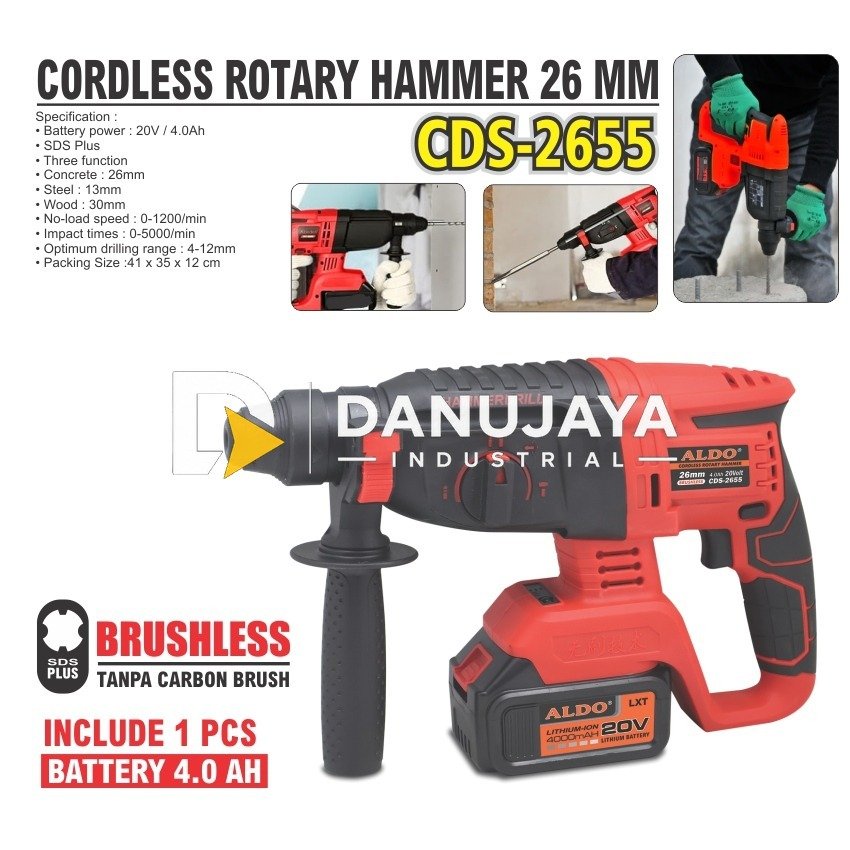 CORDLESS ROTARY HAMMER 26 MM CDS-2655 / MESIN BOR BETON BATERAI / BOBOK BETON TANPA KABEL MERK ALDO