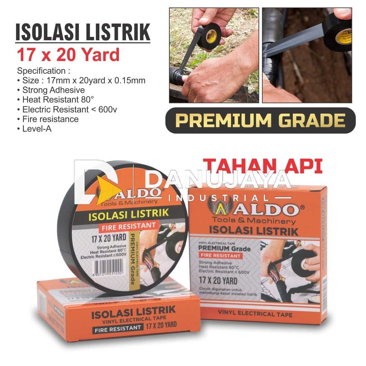 ISOLASI LISTRIK FIRE RESISTANCE 17 MM X 20 YARD 5 PCS / ISOLASI LISTRIK ANTI API PREMIUM GRADE / ISOLASI TAHAN PANAS / SOLASI KABEL ANTI API DAN PANAS / VINYL ELECTRICAL TAPE MERK ALDO