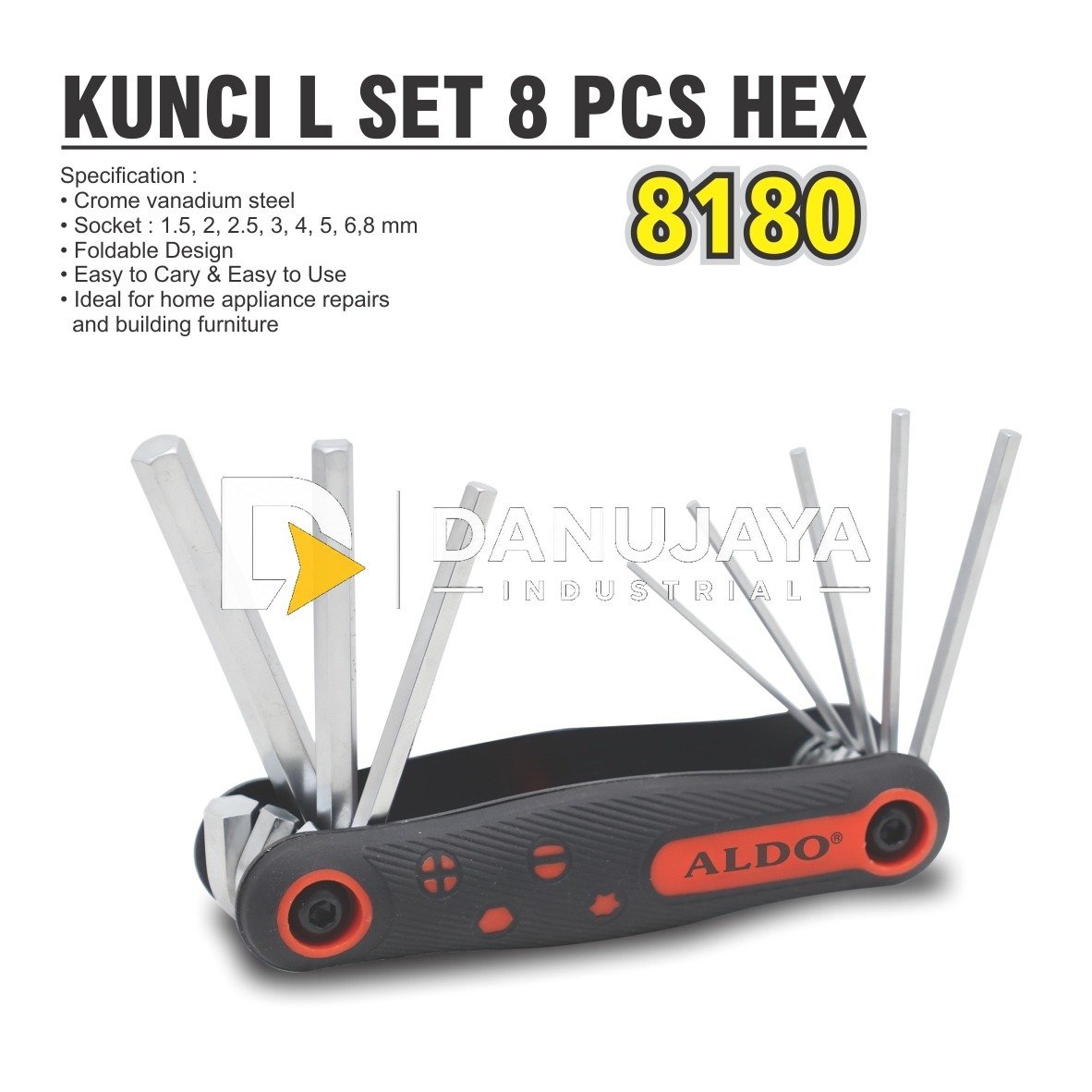 KUNCI L FOLDING 8PC 1,5-8 MM (HEX) 8180 / KUNCI L SET FOLDING 8 PCS HEX / FOLDABLE HEX KEY SET / KUNCI L LIPAT MERK ALDO