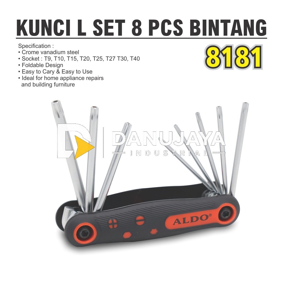 KUNCI L FOLDING 8PC T9- T40 (BINTANG) 8181 / KUNCI L SET FOLDING 8 PCS BINTANG / FOLDABLE TORX KEY SET / KUNCI L LIPAT MERK ALDO