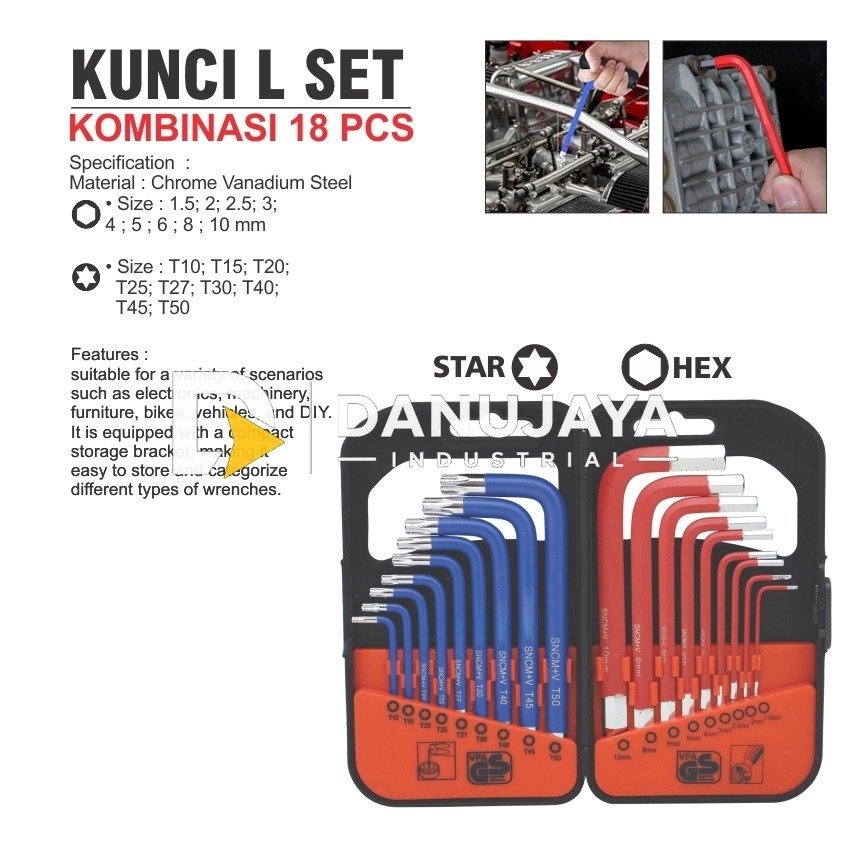 KUNCI L SET KOMBINASI 18 PCS KCL-18KB / COMBINATION HEX TORX KEY SET MERK ALDO