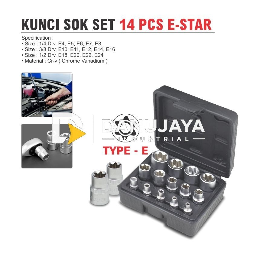 KUNCI SOK SET 14 PCS TYPE - E-STAR / KUNCI SHOCK / KUNCI SOCKET SET / E-TYPE SOCKET WRENCH SET MERK ALDO