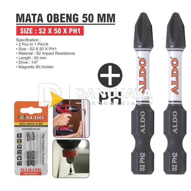 MATA OBENG 50 MM 2 PCS D2 - PH ( PHILIPS ) / MATA BOR OBENG ANGIN / SCREWDRIVER BITS / MATA OBENG ANGIN MAGNET MERK ALDO