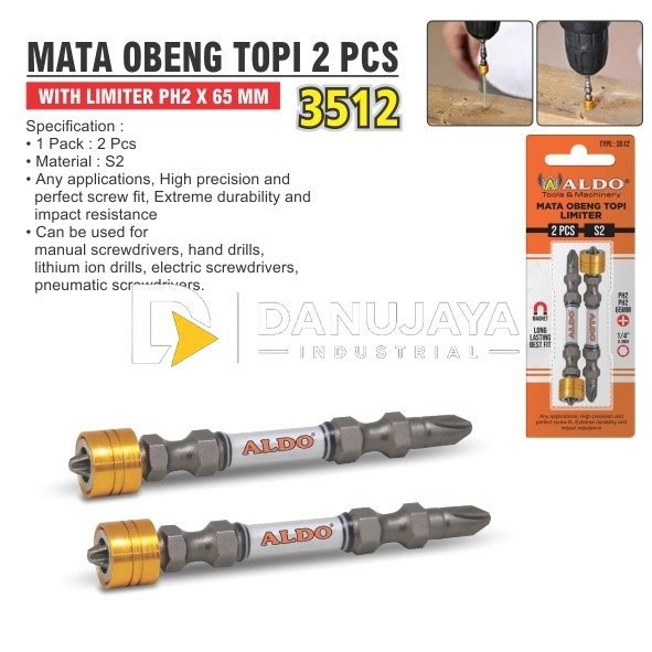 MATA OBENG TOPI 2 PCS 65MM x PH2 WITH LIMITER 3512 / SCREWDRIVER BIT WITH LIMITER / MATA OBENG ANGIN / MATA OBENG GYPSUM MERK ALDO