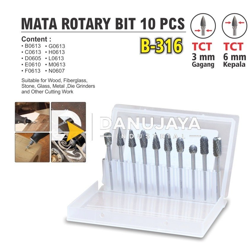 MATA ROTARY BIT TCT SET 10 PCS B-316 / ROTARY BIT TCT 10 PCS / MATA BOR TUNER / ENGRAVER ROTARY BURR TUNGSTEN MERK ALDO