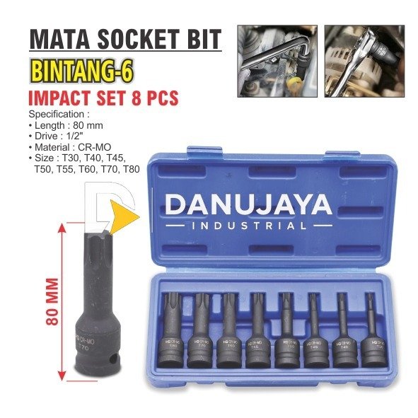 MATA SOCKET BIT IMPACT SET 8 PCS BINTANG 6 ( TORX ) / IMPACT SOCKET TORX BIT SET / MATA SOCK SET / SOCKET SET MERK ALDO