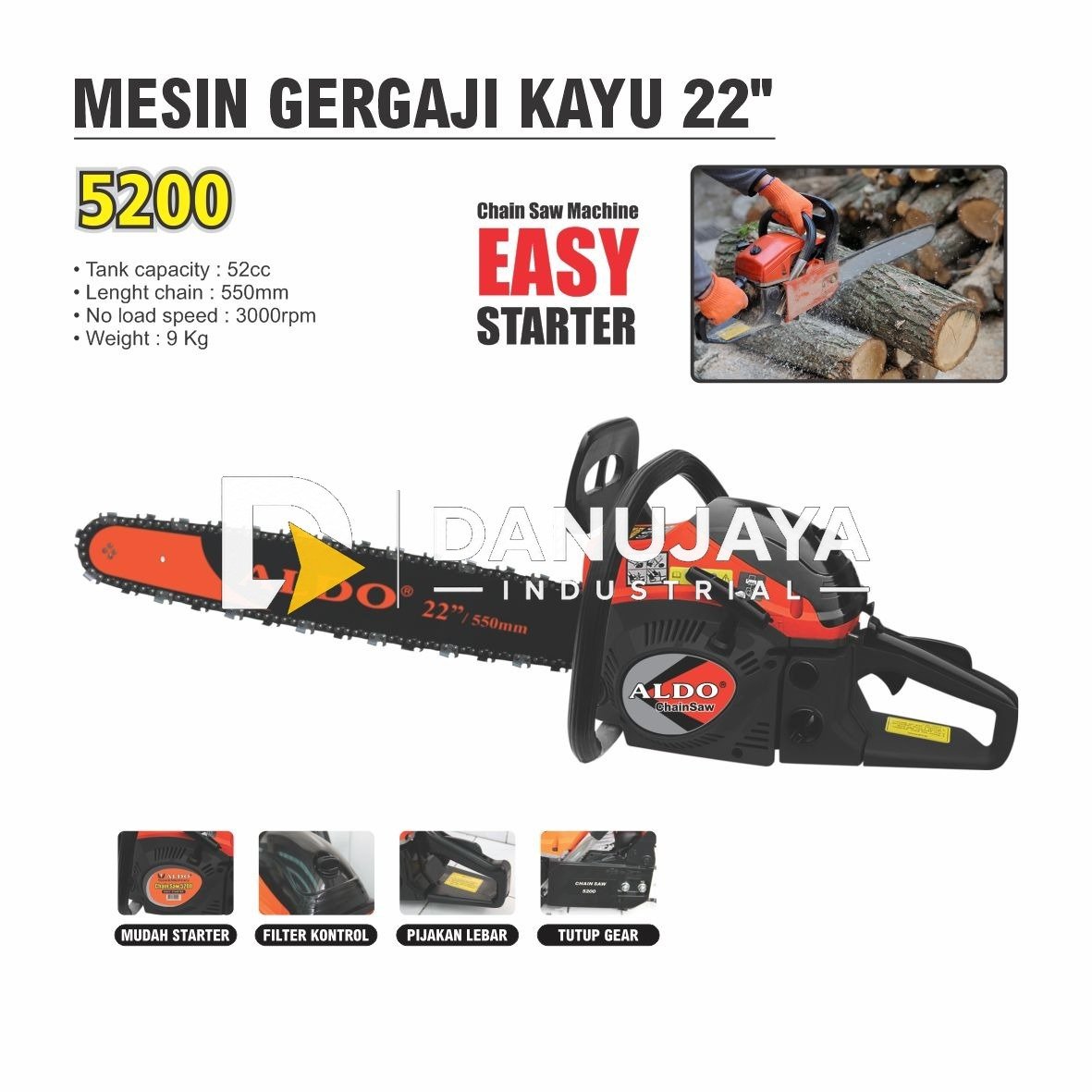 MESIN GERGAJI KAYU 22" 5200 / GASOLINE CHAIN SAW / CHAINSAW MACHINE / MESIN POTONG KAYU BENSIN PENEBANGAN MERK ALDO
