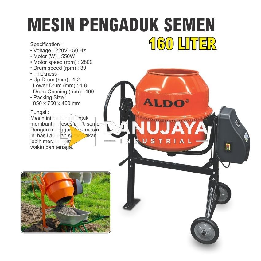 MESIN PENGADUK SEMEN ELEKTRIK 160 LITER / MESIN SEMEN MOLEN LISTRIK / ELECTRIC CONCRETE MIXER MERK ALDO