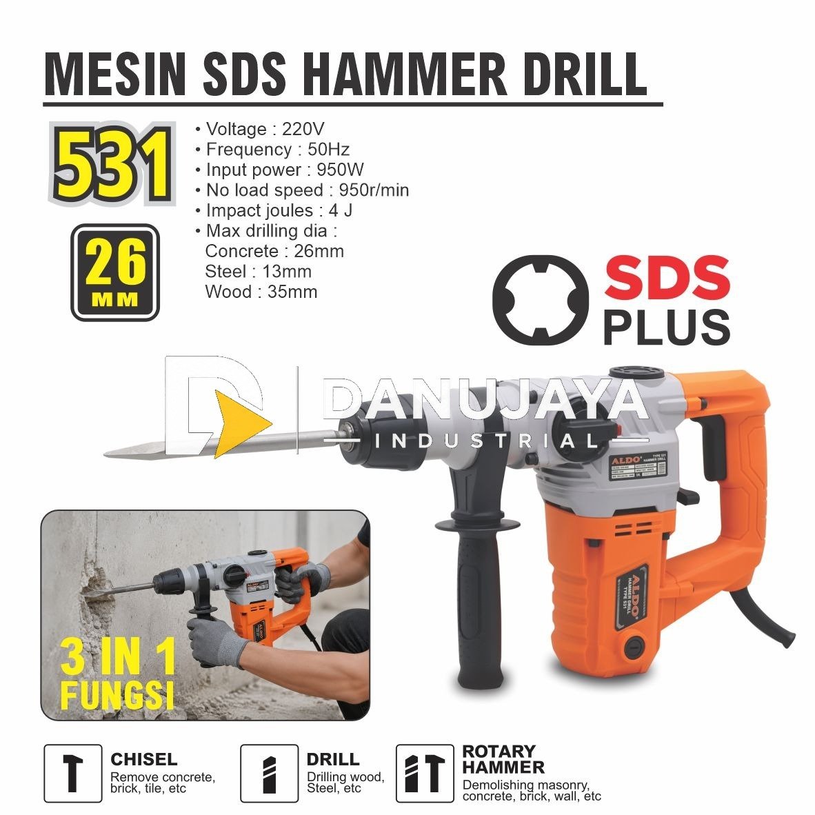MESIN SDS HAMMER DRILL 3 IN 1 531 / MESIN HAMMER DRILL / MESIN BOR BOBOK BETON SDS MERK ALDO