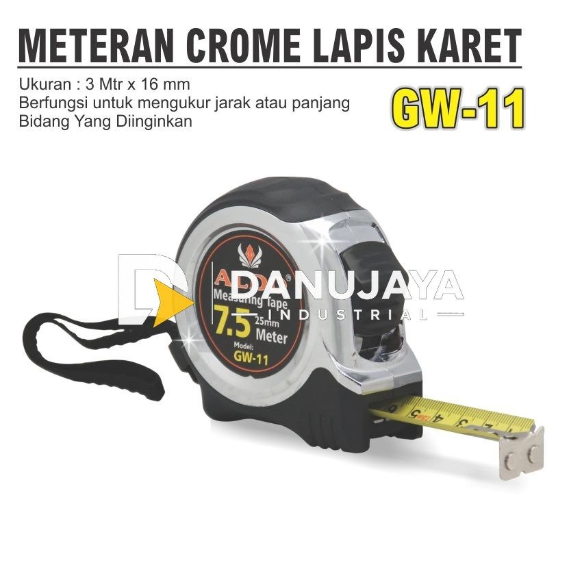 METERAN CROME LAPIS KARET GW-11 / ALAT UKUR / PENGUKUR / MEASURING TAPE MERK ALDO