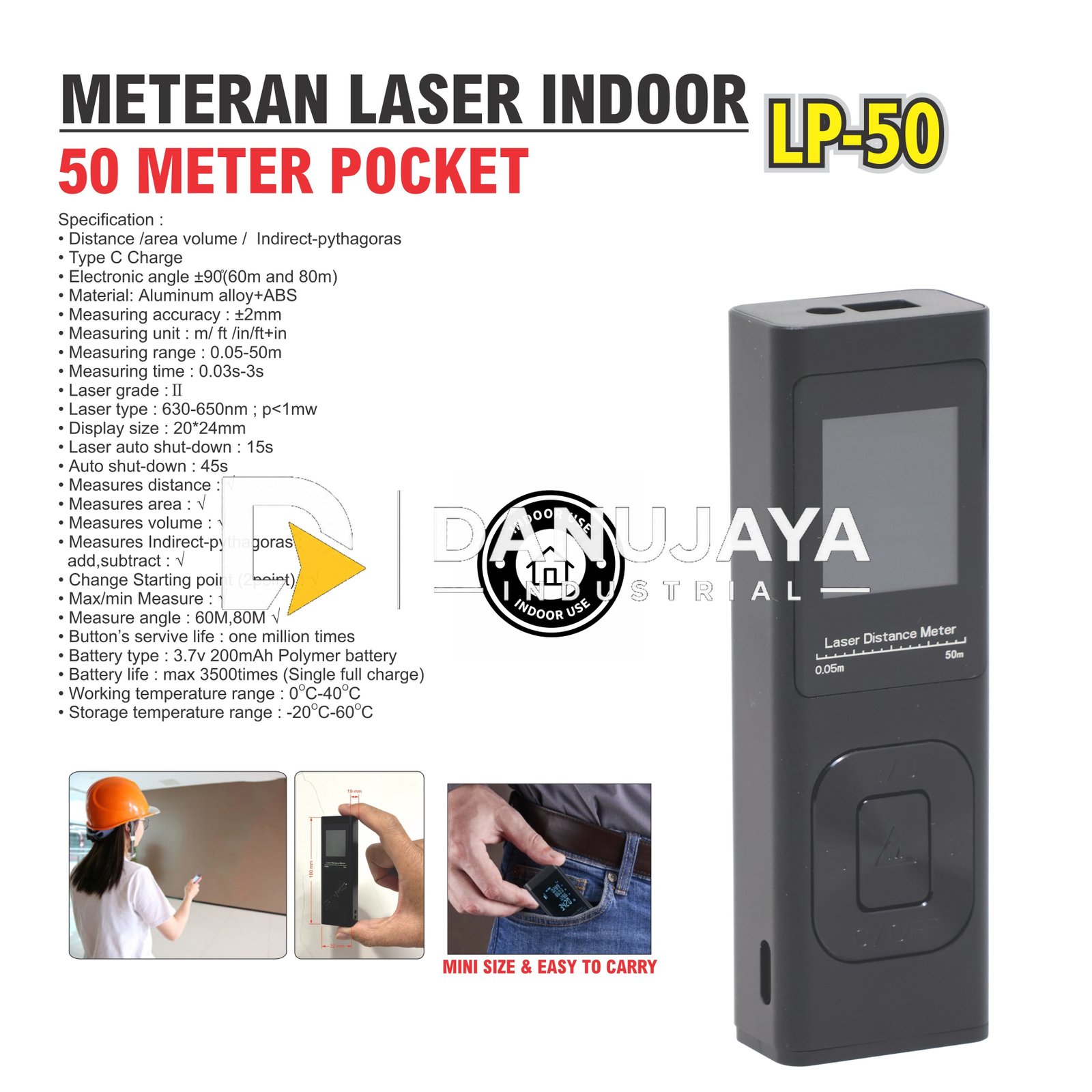METERAN LASER 50 MTR POKET LP-50 / METERAN LASER 50 METER POCKET LASER MEASURING TAPE / METERAN LASER DIGITAL LCD MERK ALDO