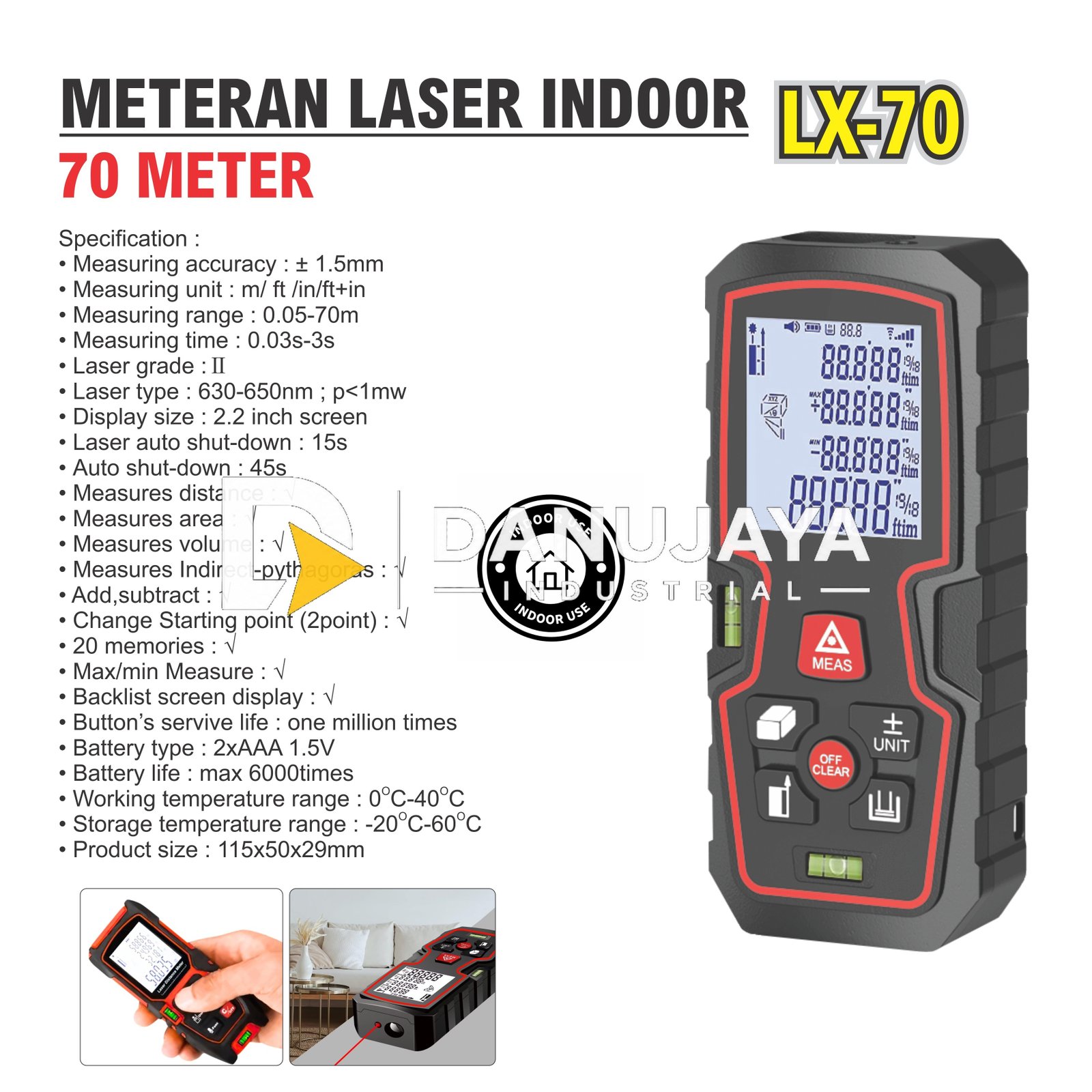 METERAN LASER INDOOR 70 MTR LX-70 / METERAN LASER 70 METER LASER INDOOR USE MEASURING TAPE / METERAN LASER DIGITAL LCD MERK ALDO
