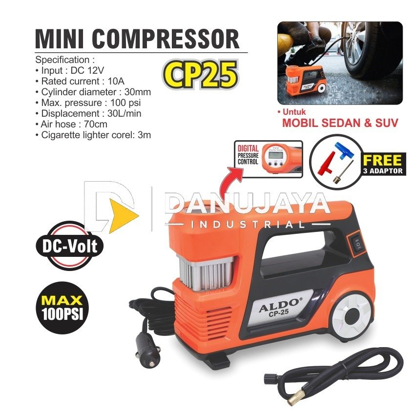 MINI COMPRESSOR DCV CP-25 / DIGITAL MINI AIR COMPRESSOR / MESIN POMPA ANGIN BAN PORTABLE MINI MERK ALDO