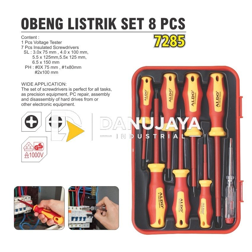 OBENG LISTRIK SET 8 PCS 7285 / TESPEN LISTIRK / VDE INSULATED SCREWDRIVER SET MERK ALDO