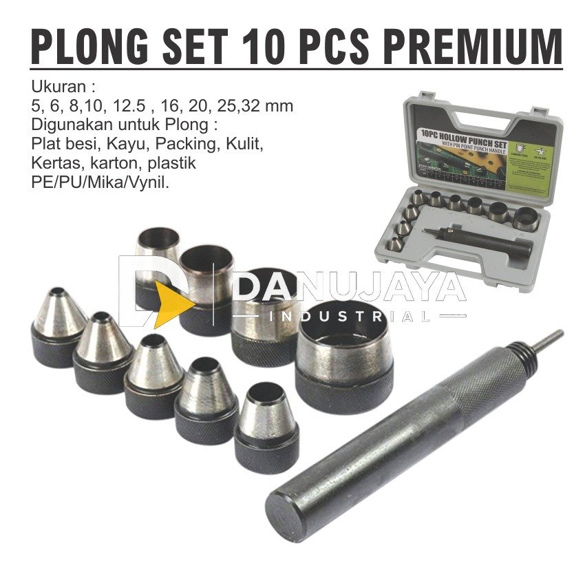 PLONG SET 10 PCS PREMIUM 5 - 32 MM HEAVY DUTY /ALAT PLONG SET / ALAT PEMBUAT LUBANG GASKET 10 PCS HOLLOW PUNCH SET WITH PIN POINT PUNCH HANDLE MERK ALDO
