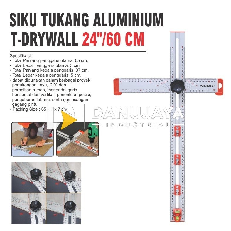 SIKU TUKANG ALUMINIUM T-DRYWALL 24" / ADJUSTABLE DRYWALL SQUARE / ALAT UKUR DRYWALL / PENGGARIS SIKU MERK ALDO