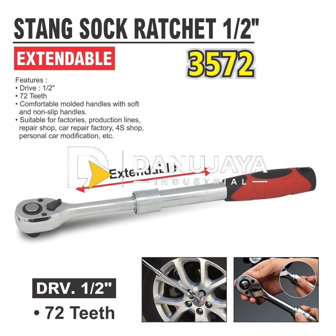 STANG SOK RACHET 1/2" (72T) SLIDING 3572 / STANG SOCK RATCHET 1/2” EXTENDABLE 3572 / RATCHET SOCKET WRENCH / KUNCI TORSI PENDEK PANJANG / KUNCI SHOCK / KUNCI SOCK MOMEN MERK ALDO
