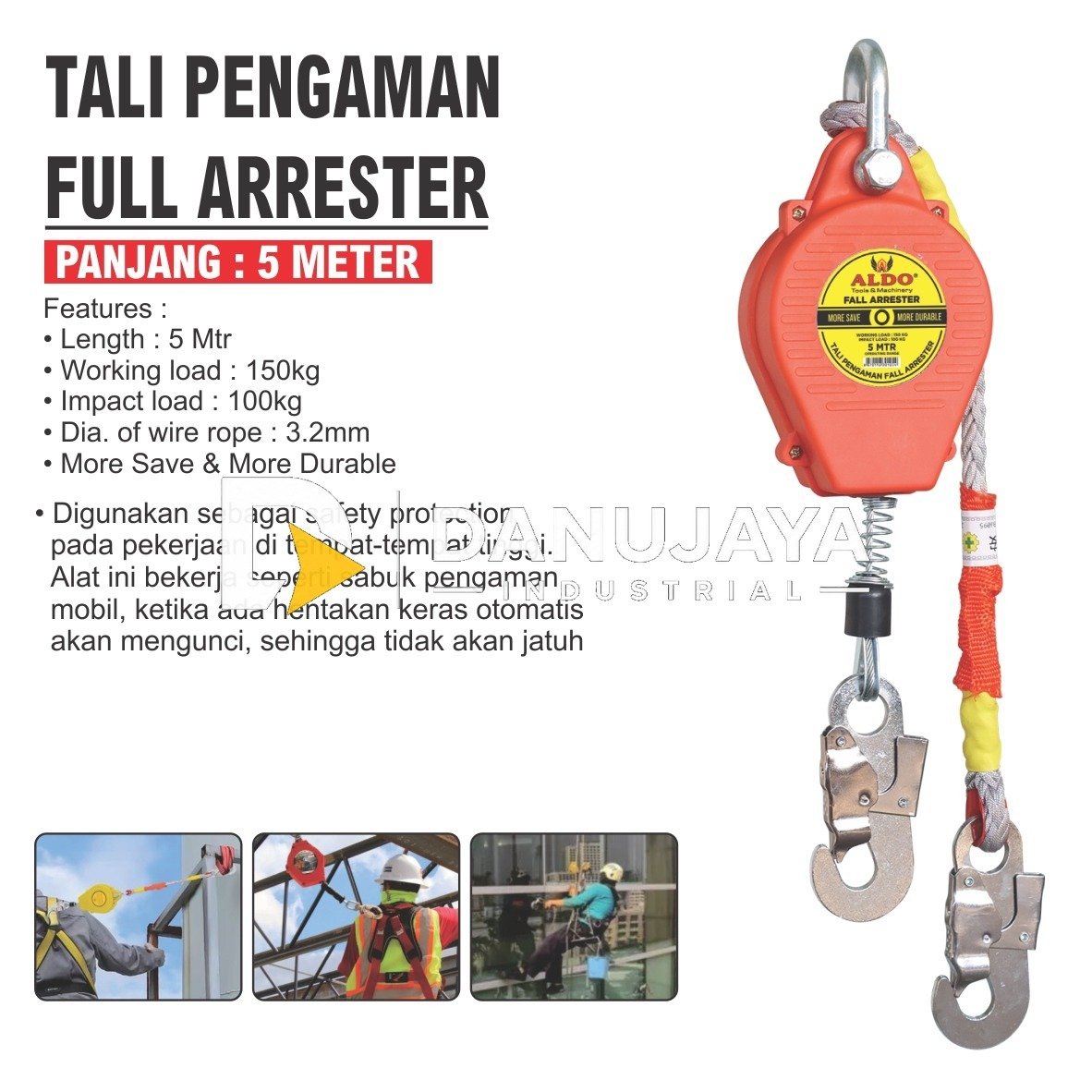 TALI PENGAMAN FALL ARRESTER / SAFETY FALL ARESTER / TALI KEAMANAN SAFETY ARRESTER / TALI KESELAMATAN KERJA MERK ALDO