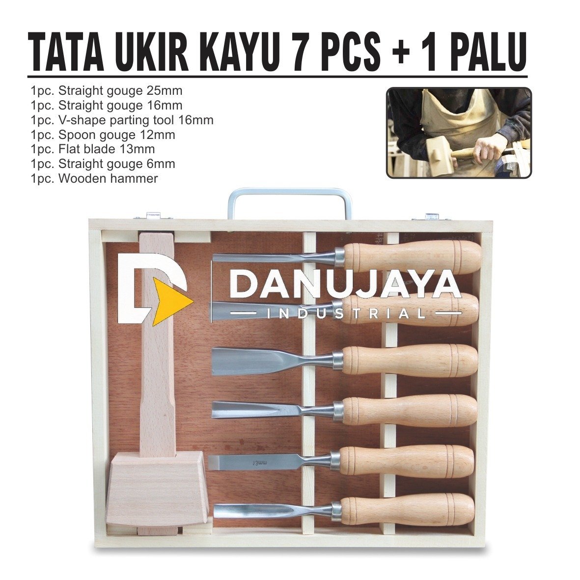 TATA UKIR KAYU 7 PCS + PALU / ALAT PAHAT MANUAL + PALU MERK ALDO