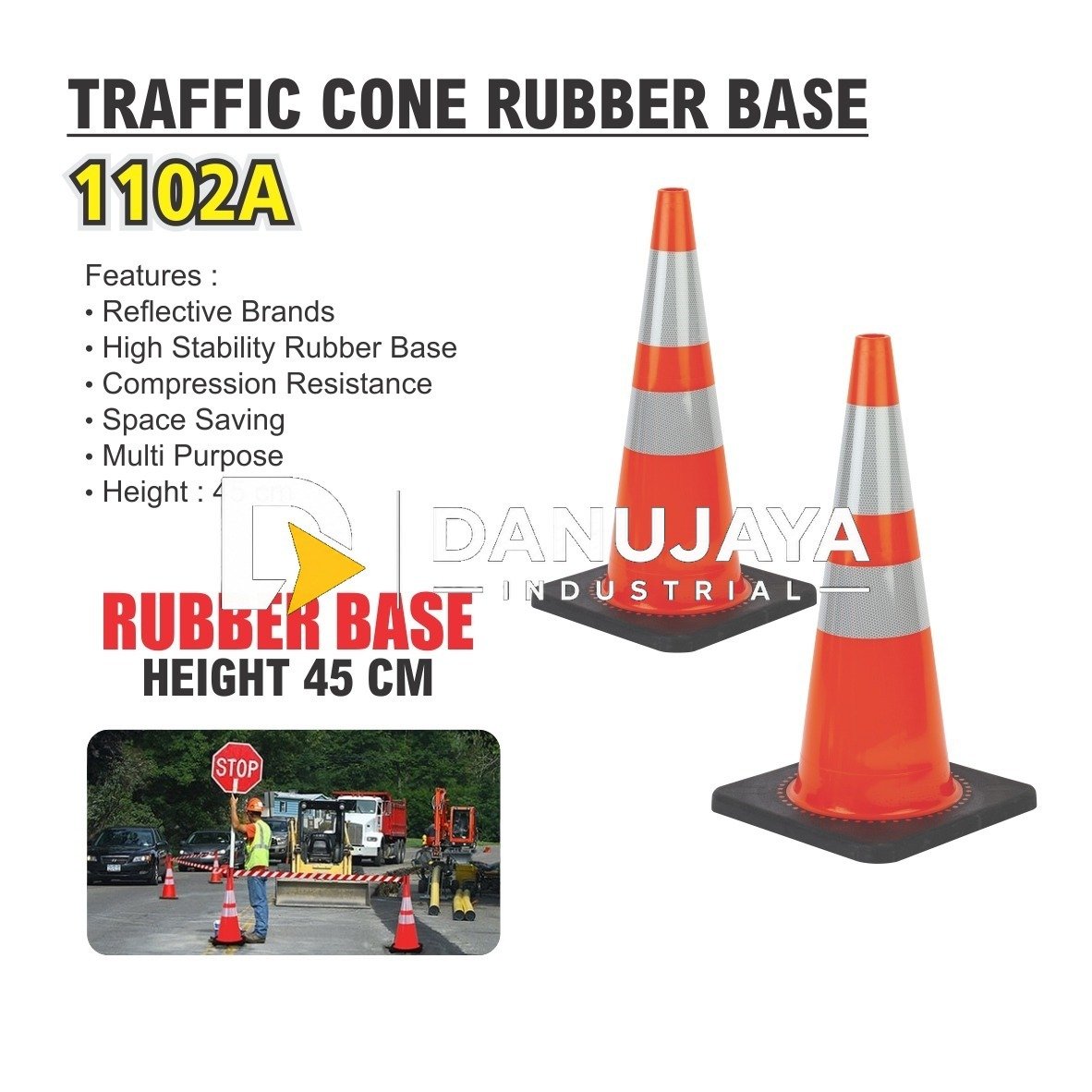 TRAFFIC CONE 45 CM RUBBER BASE 1102A / KERUCUT LALU LINTAS MERK ALDO