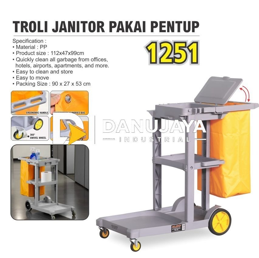TROLI JANITOR PAKAI PENUTUP 1251 / MULTIPURPOSE CLEANING CART WITH COVER / GEROBAK ALAT KEBERSIHAN / TROLLEY ALAT KEBERSIHAN HOUSKEPING MERK ALDO