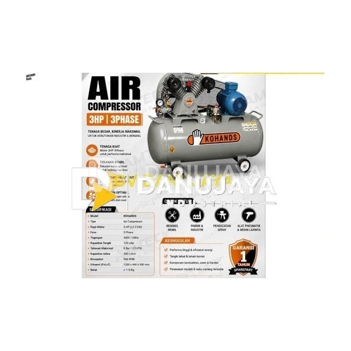Kompresor Angin Kohands 3 HP 3 Phase 380V 120 Liter Heavy Duty Air Compressor Industri Bengkel Pabrik made in korea