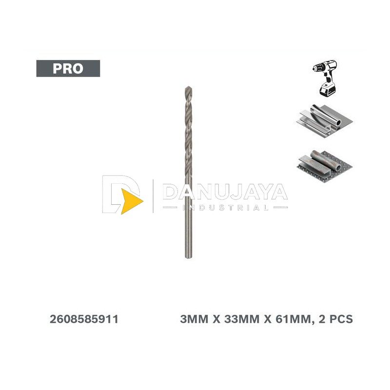 BOSCH Mata Bor Logam HSS-G 3 mm (2 pcs) / HSS-G DIN 338 Metal Drill Bit - 2608585911