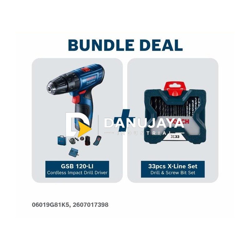 [BUNDLE] BOSCH PRO Mesin Bor Impact Baterai - Impact Drill Cordless 12V GSB 120-LI + Set Mata Bor Obeng 33 Pcs X-Line | Paket Bor Tanpa Kabel dan Aksesoris - Garansi Resmi - 06019G81K5 2607017398