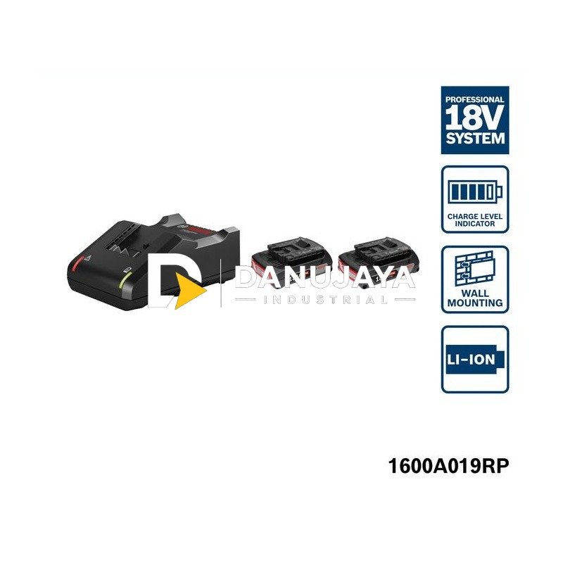 BOSCH Set Baterai 18V + Pengisi Daya - Starter Set Battery GBA 18V 2.0Ah + Charger GAL 18V-40 | Paket Isi Daya untuk Mesin Cordless - Garansi Resmi - 1600A019RP