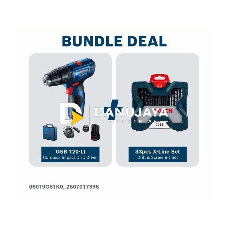 [BUNDLE] BOSCH PRO Mesin Bor Impact Baterai 12V GSB 120-LI + Set Mata Bor Obeng X-Line 33 Pcs | Paket Bor Tanpa Kabel dan Aksesoris - Garansi Resmi - 06019G81K0 2607017398