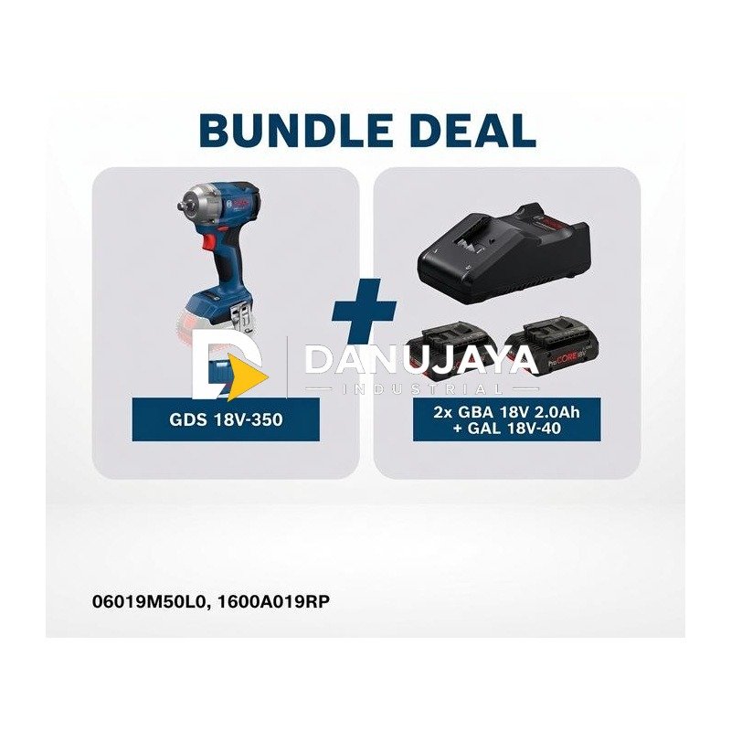 [BUNDLE] BOSCH PRO GDS 18V-350 Impact Wrench Brushless 18V 1/2" + 2 Baterai GBA 18V 2.0Ah + Charger GAL 18V-40 + Carrying Case 06019M50L0 1600A019RP