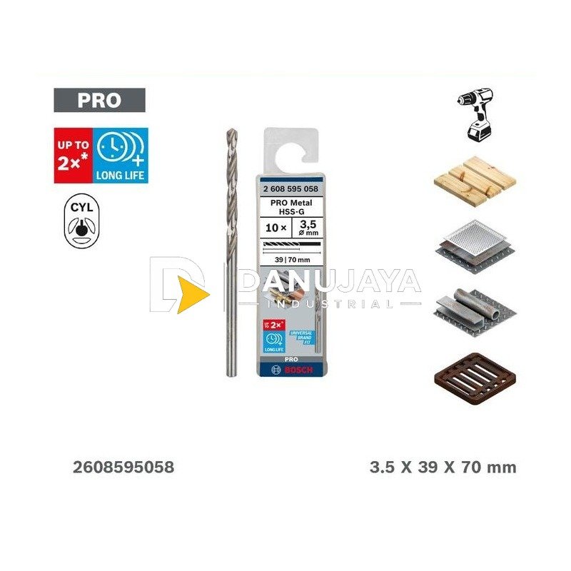 BOSCH Set Mata Bor Besi PRO Metal HSS-G 10 Pcs (3,5x39x70mm) - Twist Drill Bit Pack | Paket Mata Bor Puntir Ulir Besi Stainless, Cocok untuk Rotary Drill - 2608595058