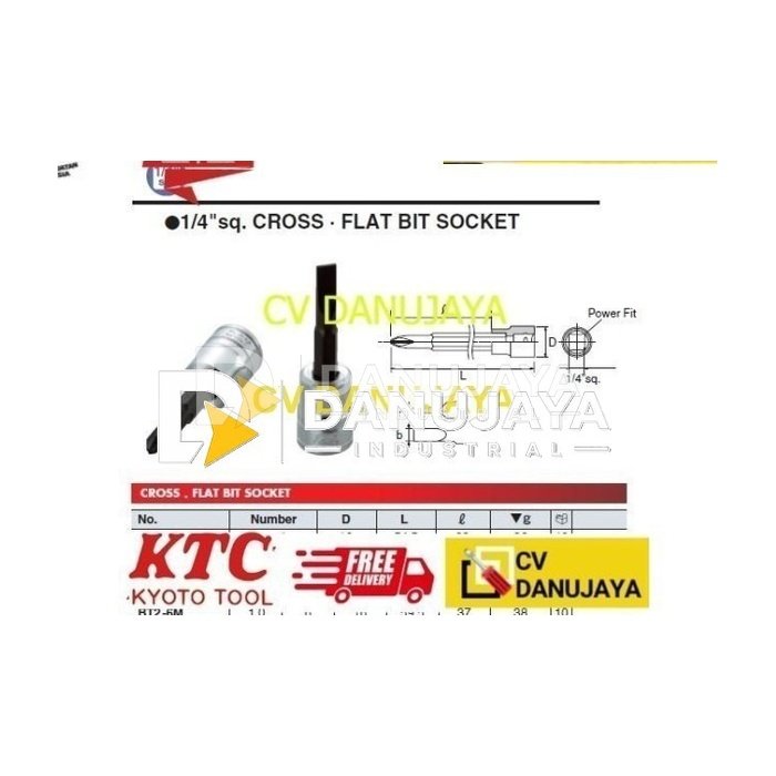 Cross Flat Bit Socket Sock Shock Mata Kunci Sq. 1/4" No.1 KTC BT2-1P