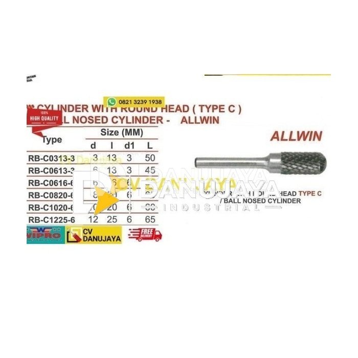Cylinder With Rounded Head Rotary Burr Bur RB-C1020-6 Type C ALLWIN