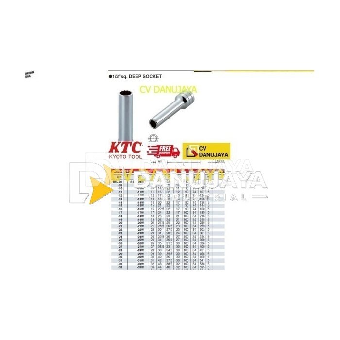 Deep Socket Shock Mata Kunci Chrome Sq. 1/2" 12Pt Size 9mm KTC B4L-09W