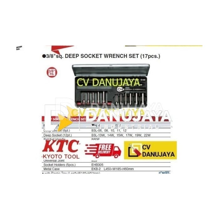 Deep Socket Shock Mata Kunci Wrench Set 17 Pcs Sq.Dr 3/8" KTC TB3L11X