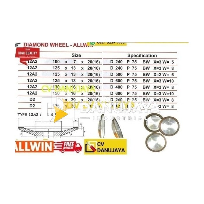 Diamond Wheel Grinding Gerinda 150x16x20 D400 P75 X3 W8 ALLWIN 12A2