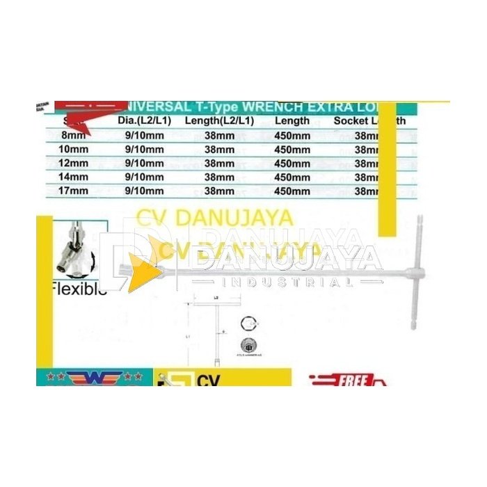Flexible T Type Wrench Extra Long 450mm Sock Size 8 mm Wipro