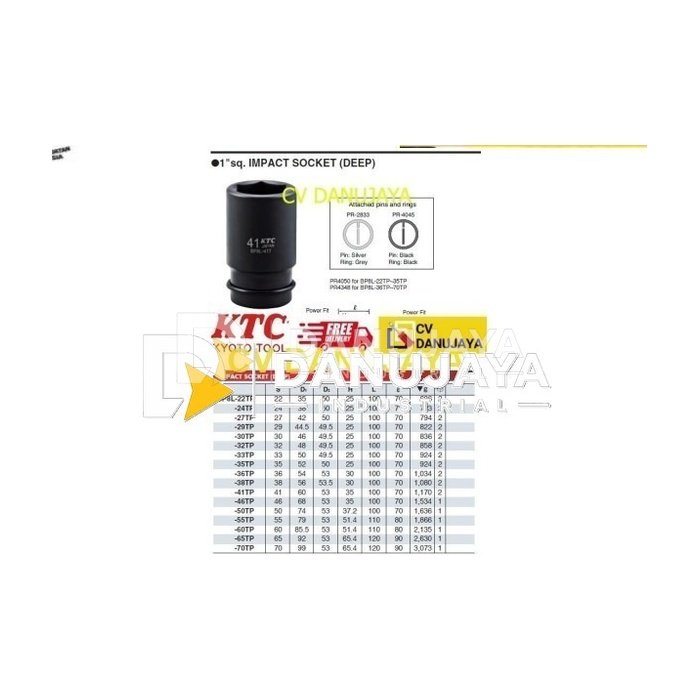 Impact Socket Kunci Deep Pin & Ring Sq. 1" 6Pt Size 46mm KTC BP8L-46TP