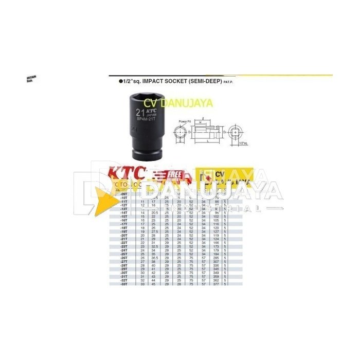 Impact Socket Mata Kunci Semi Deep Sq. 1/2" 6Pt Size 8mm KTC BP4M-08T