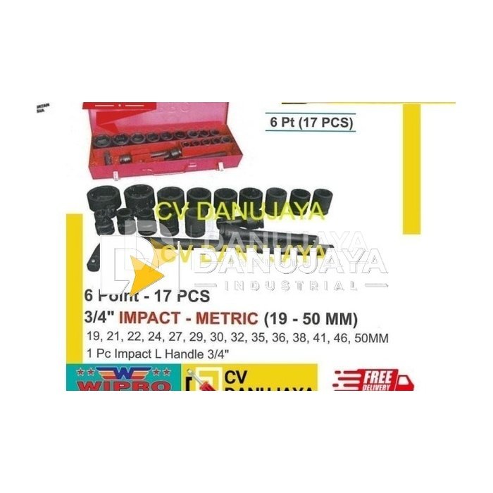 Impact Socket Set Metric Sq.Dr 3/4" 6Pt 17Pcs Wipro