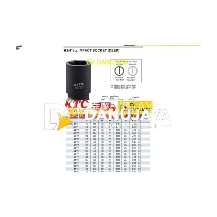 Impact Socket Sock Shock Deep Sq. 3/4" 6Pt Size 34mm KTC BP6L-34TP