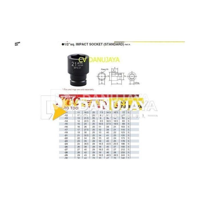 Impact Socket Sock Shock Standard Sq.Dr 1/2" 6Pt Size 8mm KTC BP4-08
