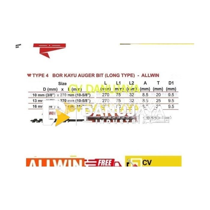 Mata Bor Kayu Long Type Size 10mm x 270mm - Allwin Type 4